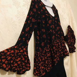 Mossimo  Med Black/red Floral Bubble-sleeve Blouse Shirt Ruffles Cut Out Plunge